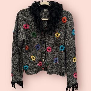 Vintage Novelty Print Fringed Floral Black Cardigan